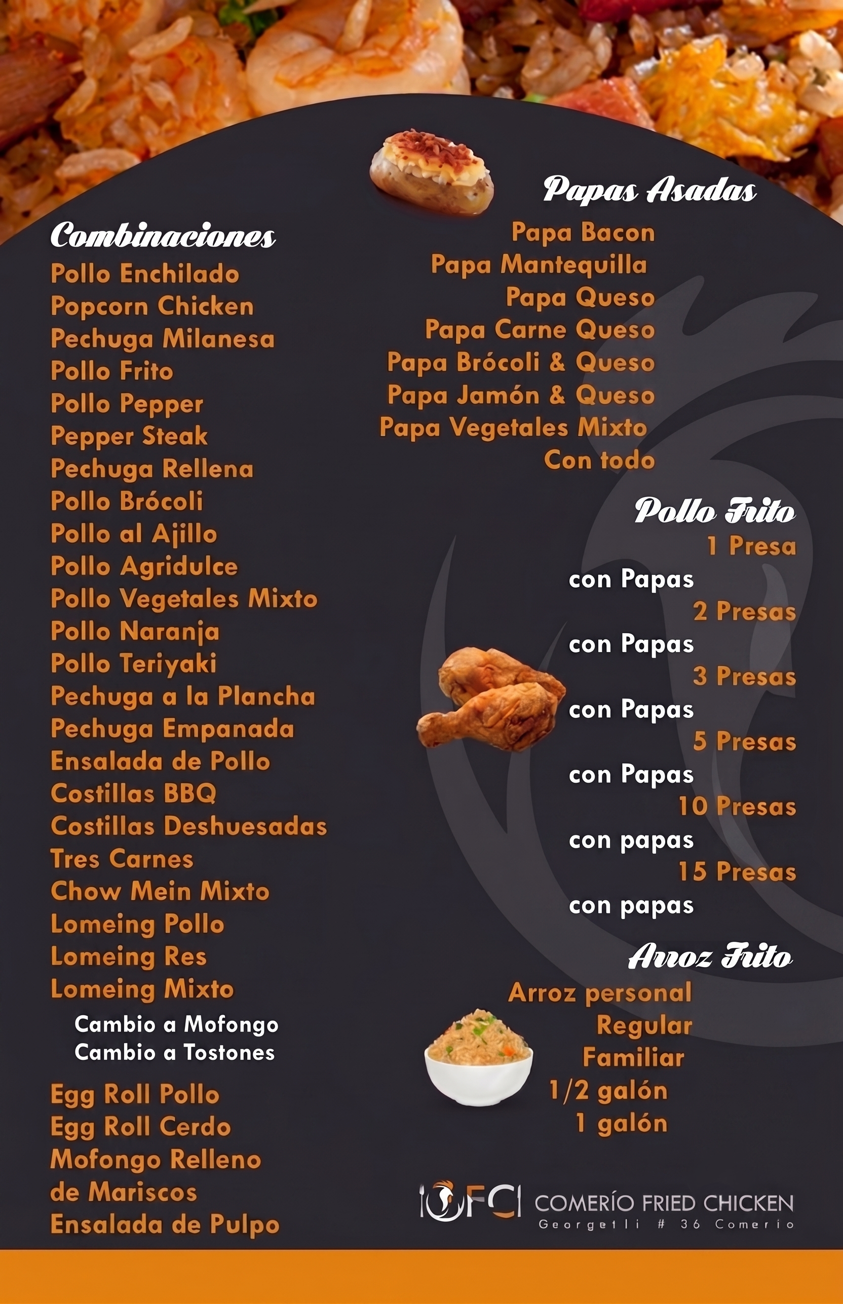 Menú completo con precios — Comerío Fried Chicken